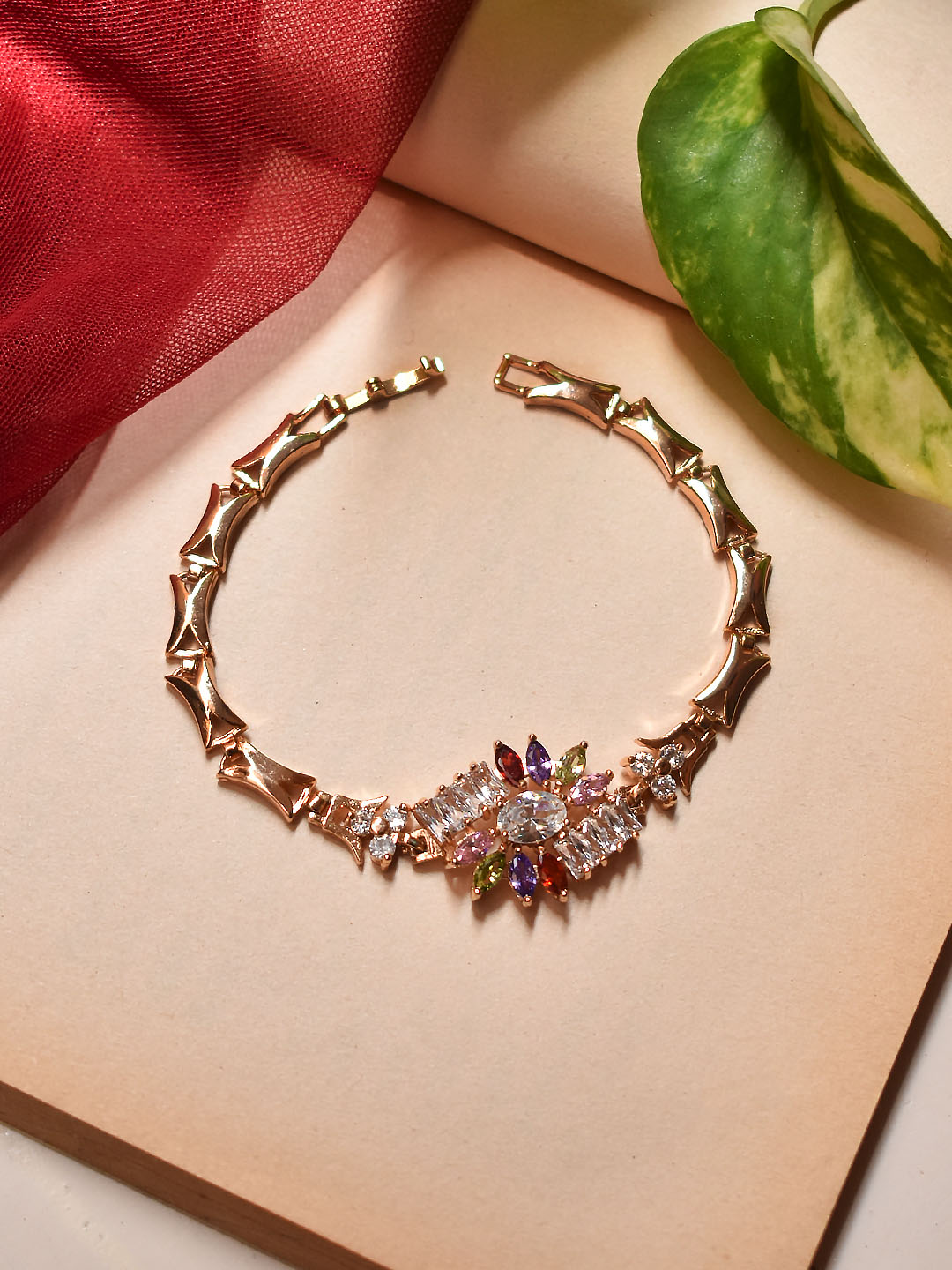 Avismaya Gold Plated Tear Drop And Square Design Multicolor Stones Bracelet