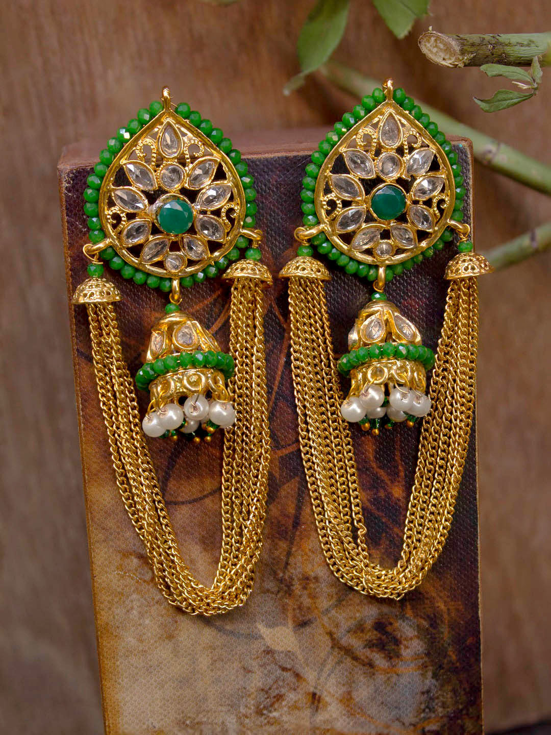 Avismaya Gold Plated Flower Petal Design Green Color Beads with Hanging Multi Layered Chains Jhumka Earrings