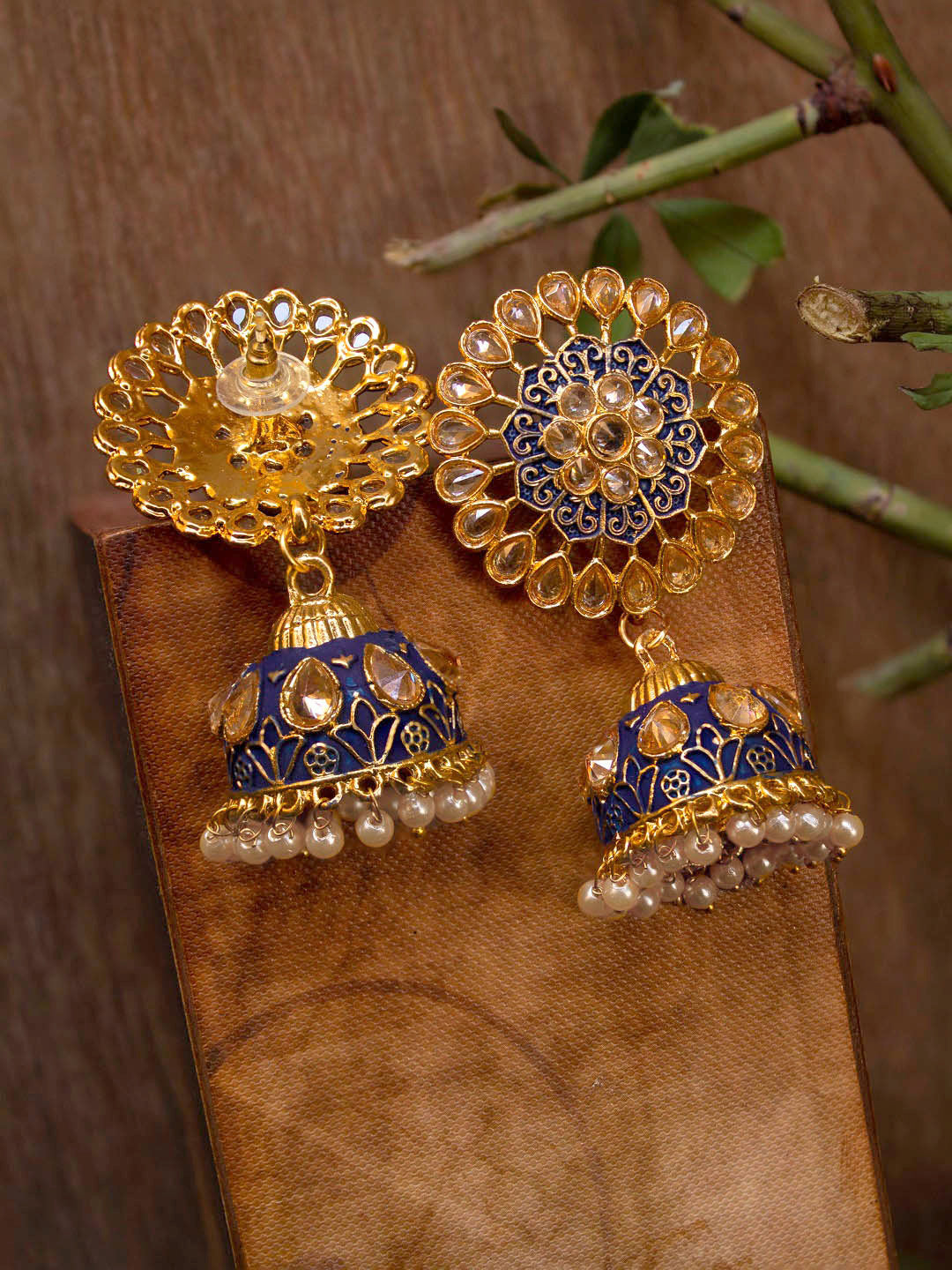 Avismaya Gold Plated Floral Design Blue Color Enamel Painted With Hanging Pearls Jhumka Earring