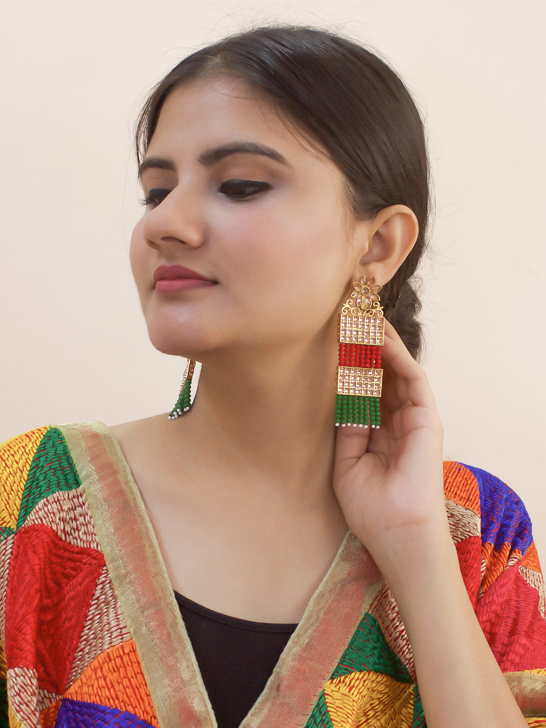 Avismaya Gold Plated Multi Layered Floral Design With Hanging Red And Green Color Beads Dangler Earring