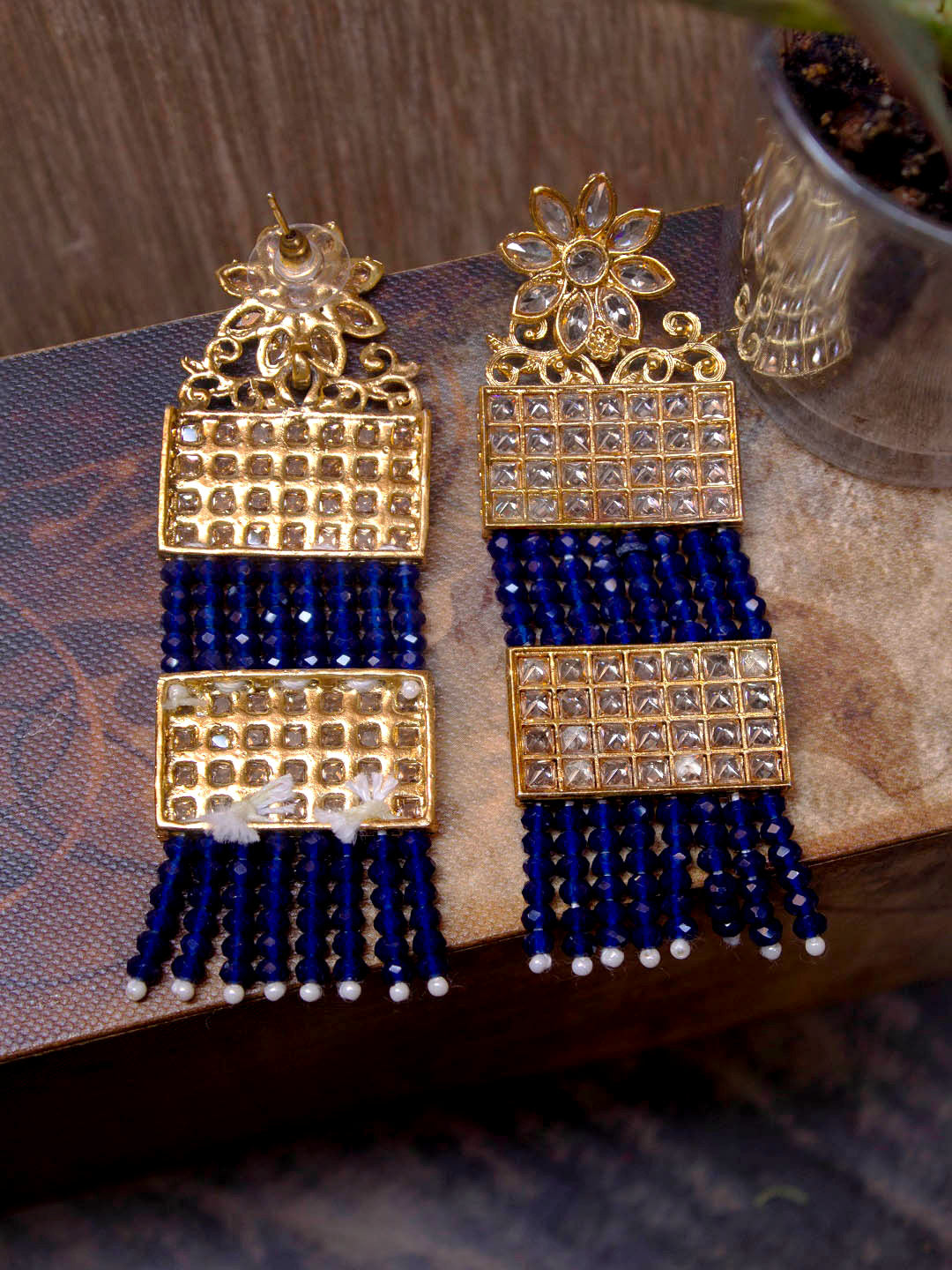 Avismaya Gold Plated Multi Layered Floral Design With Hanging Blue Color Beads Dangler Earring