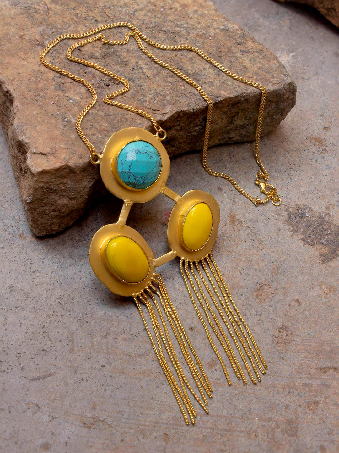 Avismaya Gold Plated Triangle Design Yellow And Turquoise Color Moonstone Long Necklace