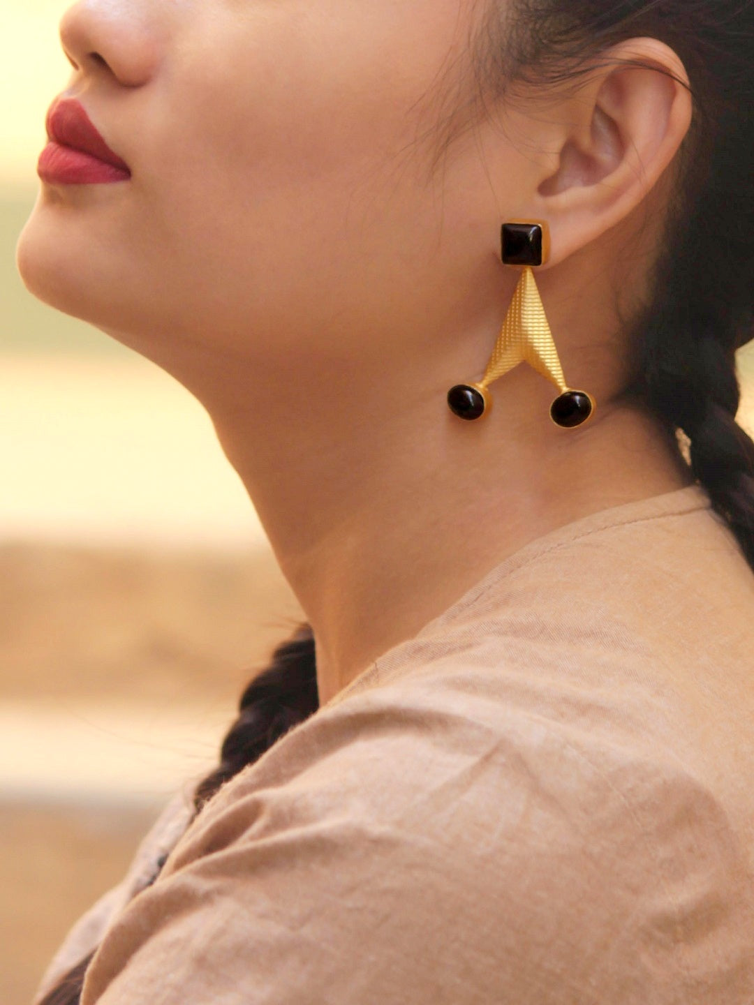 Avismaya Gold Plated Triangle Design Black Color Crystal Stone Dangler Earring