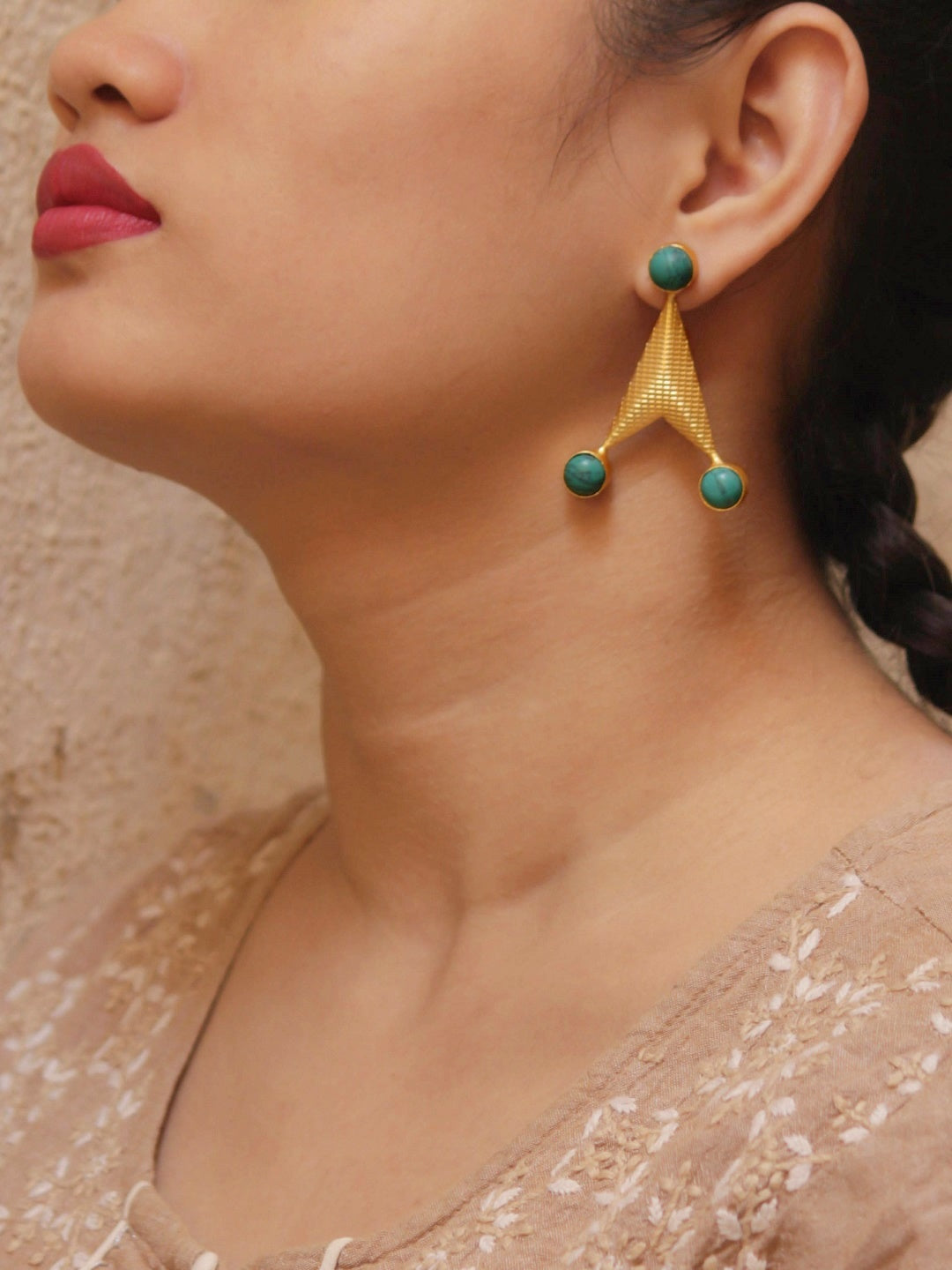 Avismaya Gold Plated Triangle Design Turquoise Color Moonstone Dangler Earring