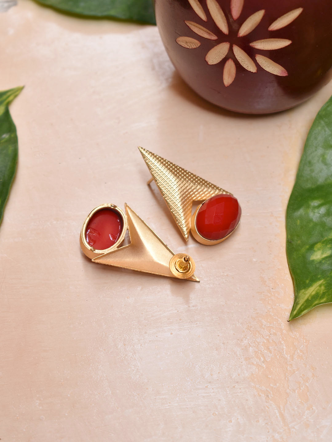 Avismaya Semi Precious Gold Plated Rocket Design Red Color Crystal Stone Stud Earring