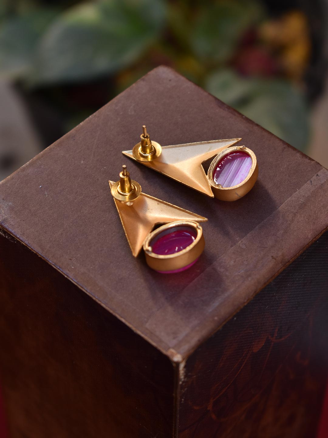 Avismaya Semi Precious Gold Plated Rocket Design Pink Color Moonstone Stud Earring