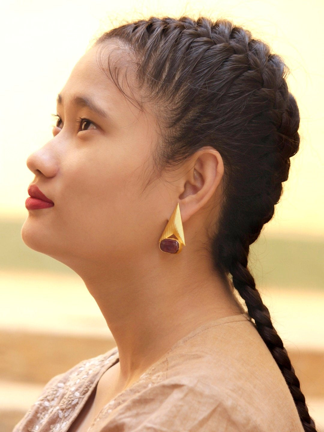 Avismaya Semi Precious Gold Plated Arrow Design Brown Color Druzy Stone Dangler Earring