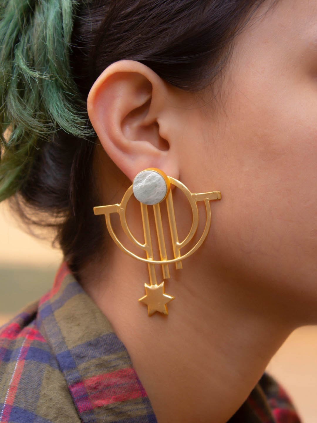 Avismaya Semi Precious Gold Plated Star Design Gray Color Moonstone Dangler Earring