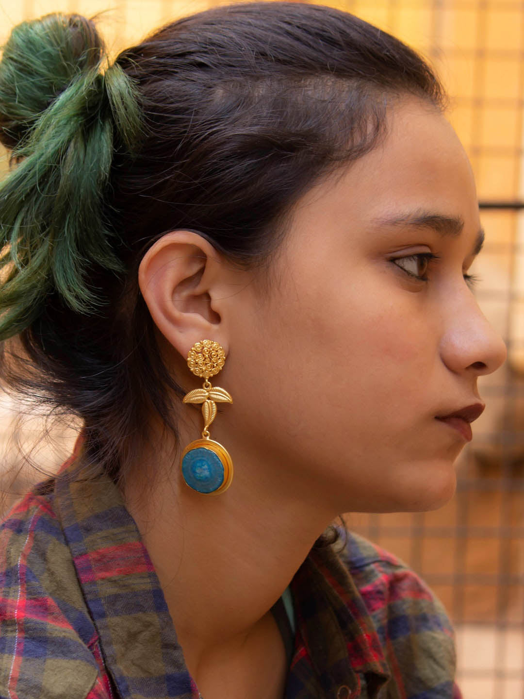 Avismya Gold Plated Leaf Design Turquoise Color Solar Druzy Stone Dangler Earring