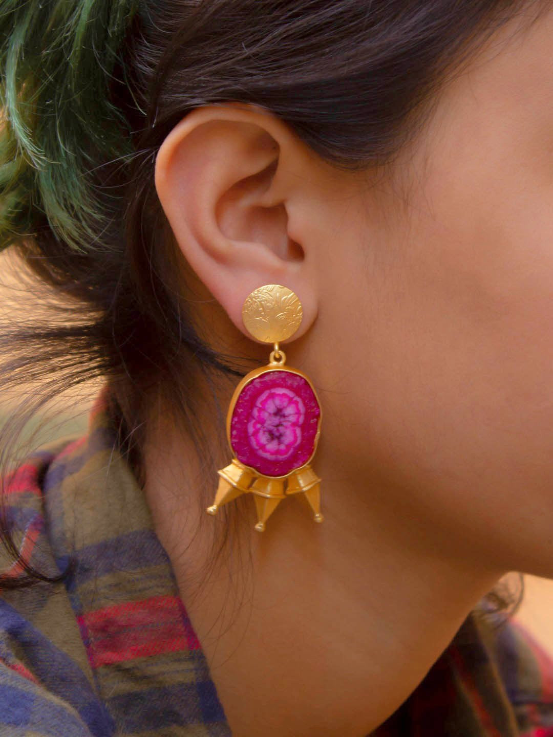 Avismaya Semi Precious Gold Plated Floral Design Pink Color Druzy Stone Dangler Earring