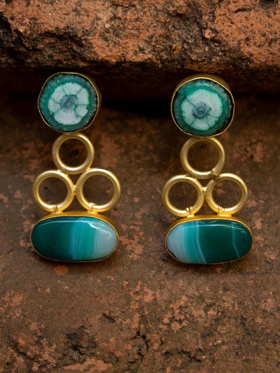 Avismya Gold Plated Oval Design Turquoise Color Solar Druzy And Monalisa Stone Dangler Earring