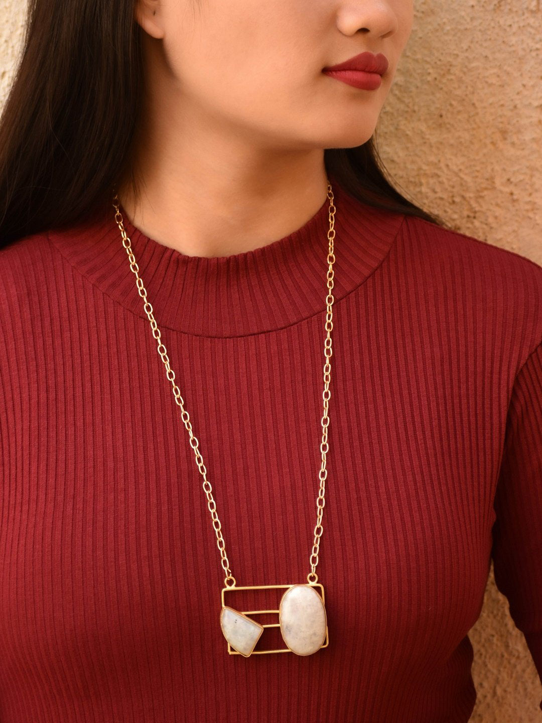 Avismaya Gold Plated Square Design White Color Semi-precious Moonstone Long Necklace