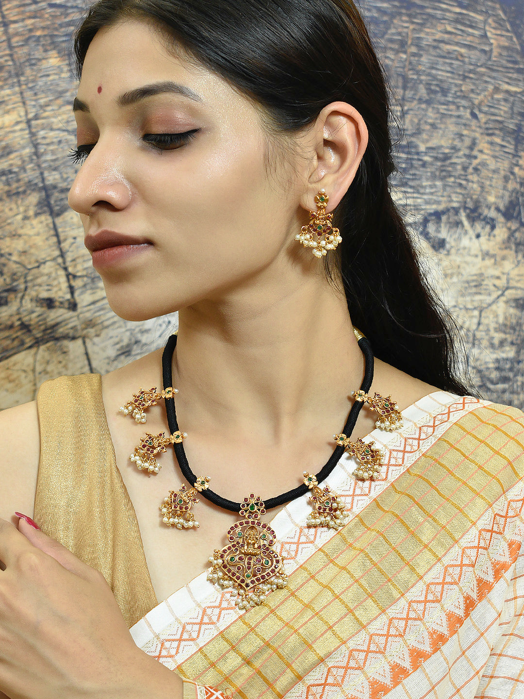 Avismaya Gold Plated Lakshmi Design Pink And Green Color Ruby Stone With Hanging White Pearls Pendant Choker Necklace Set