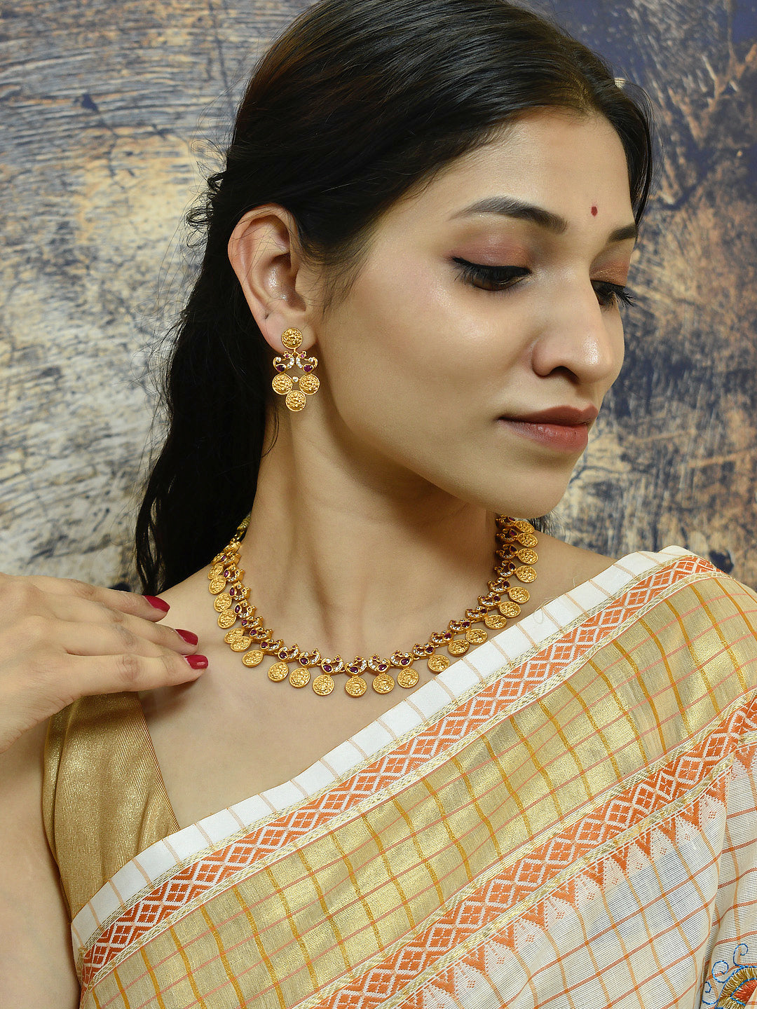 Avismaya Gold Plated Peacock Design Pink Color Ruby Stone With Lakshmi Coin Choker Necklace Set