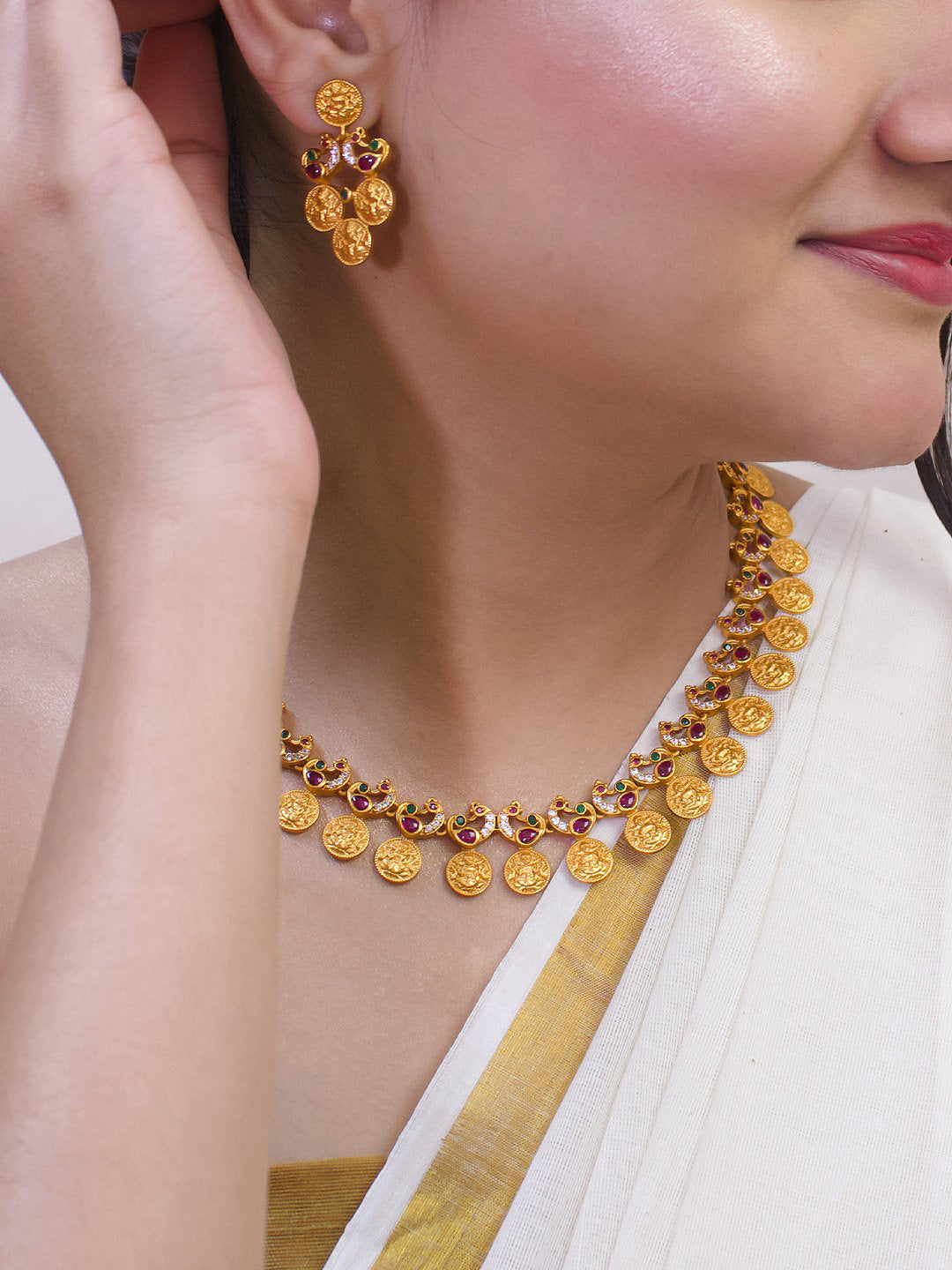 Avismaya Gold Plated Peacock Design Pink And Green Color Ruby Stone With Lakshmi Coin Choker Necklace Set