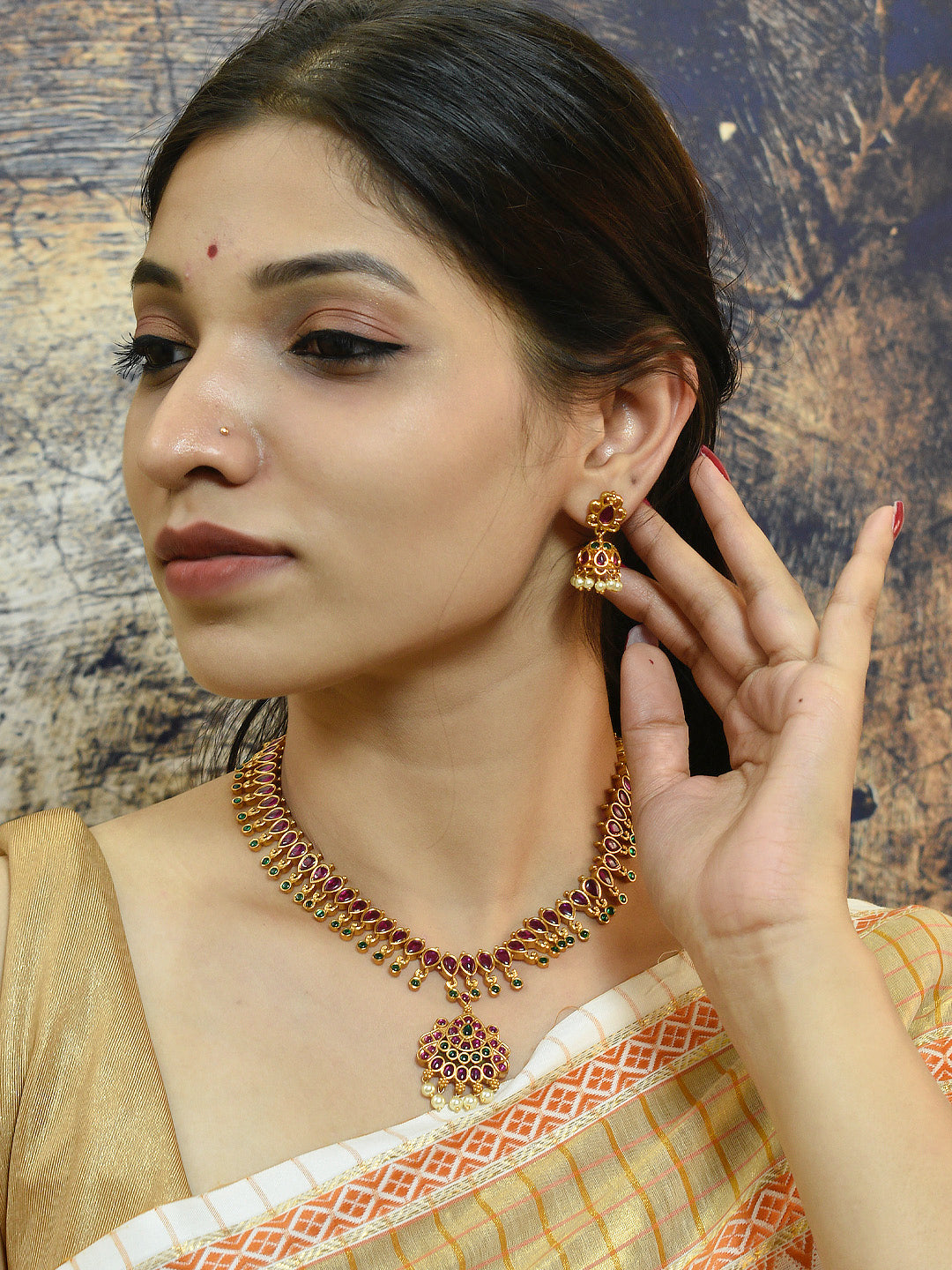 Avismaya Gold Plated Teardrop Design Pink And Green Color Ruby Stone With Hanging White Pearls Pendant Choker Necklace Set