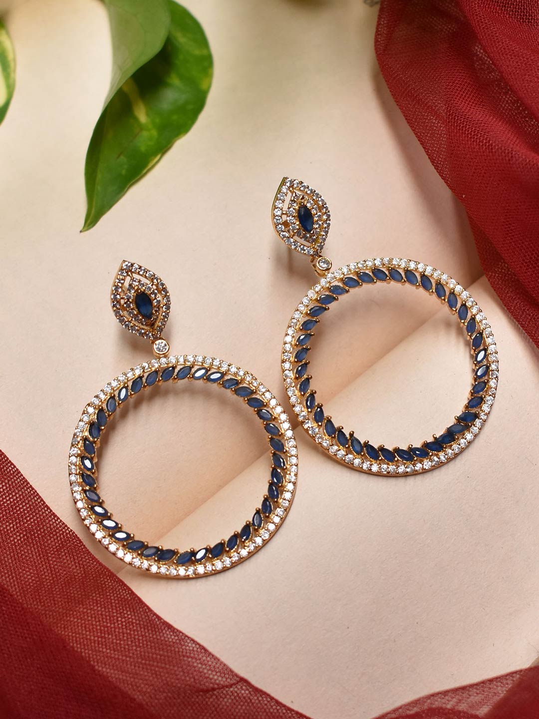 Avismaya Gold Plated Tear Drop Design Stud With Hanging Circle Design Rings CZ Stones Dangler Earring