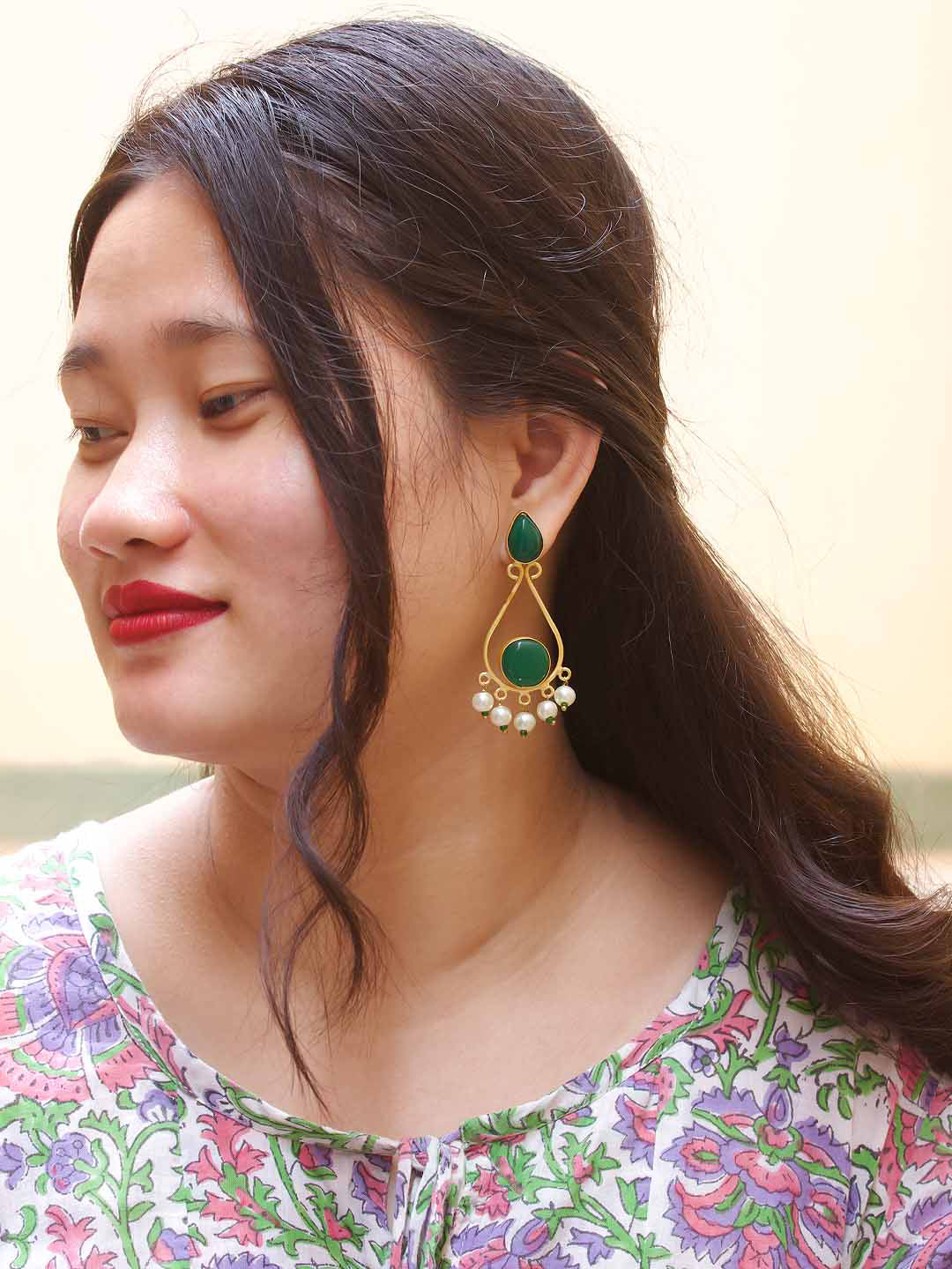Avismaya Gold Plated Teardrop Design Green Color Semiprecious Monalisa Stone With Hanging White Pearls Dangler Earring