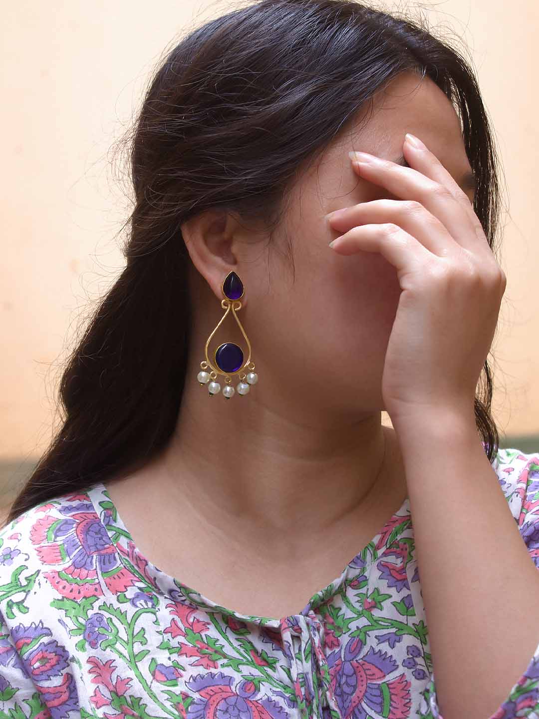 Avismaya Gold Plated Teardrop Design Navy Blue Color Semiprecious Monalisa Stone With Hanging White Pearls Dangler Earring