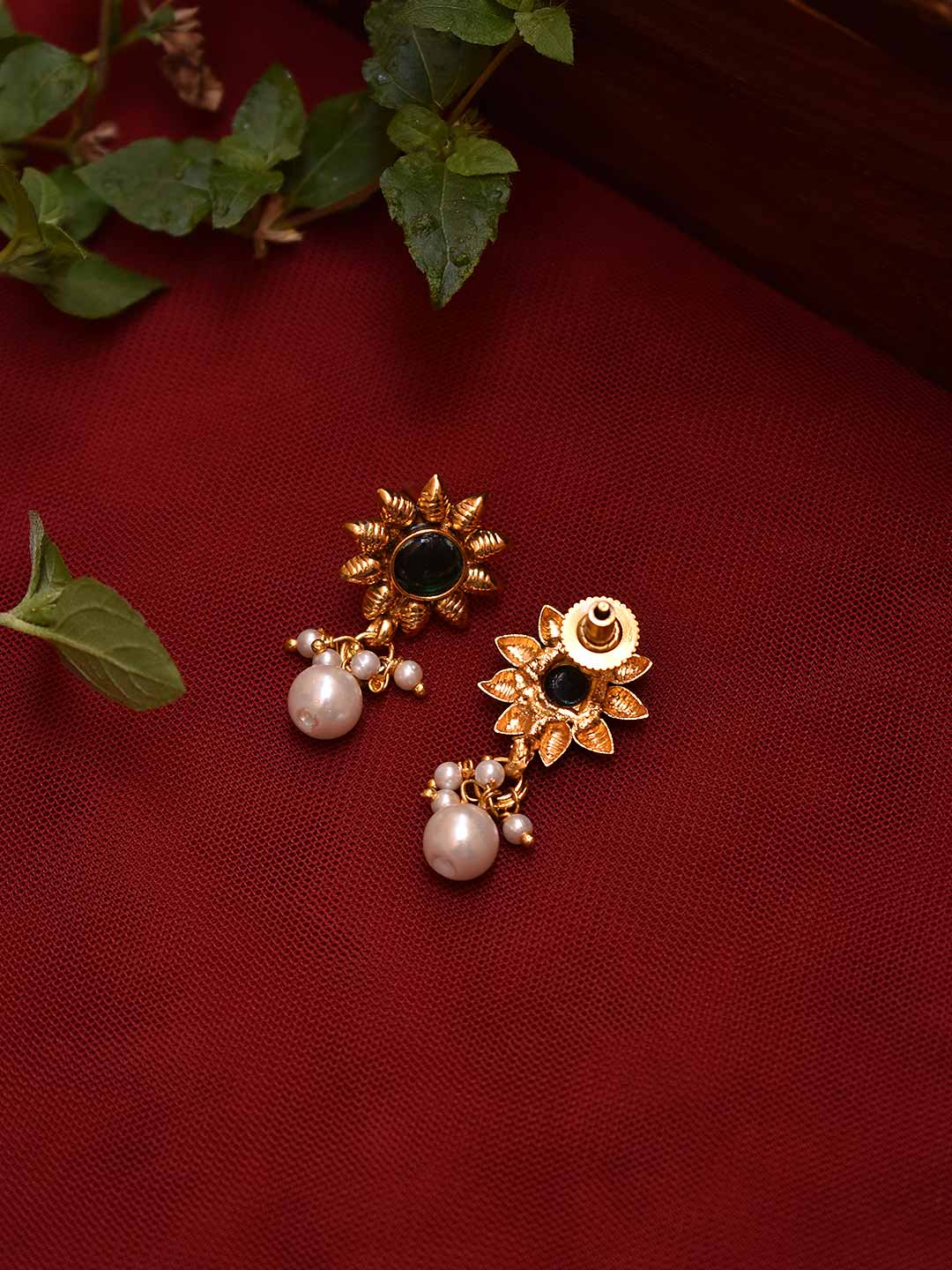 Avismaya Green Color Plastic Stone Sun Design Stud With Hanging Pearls Drop Earring