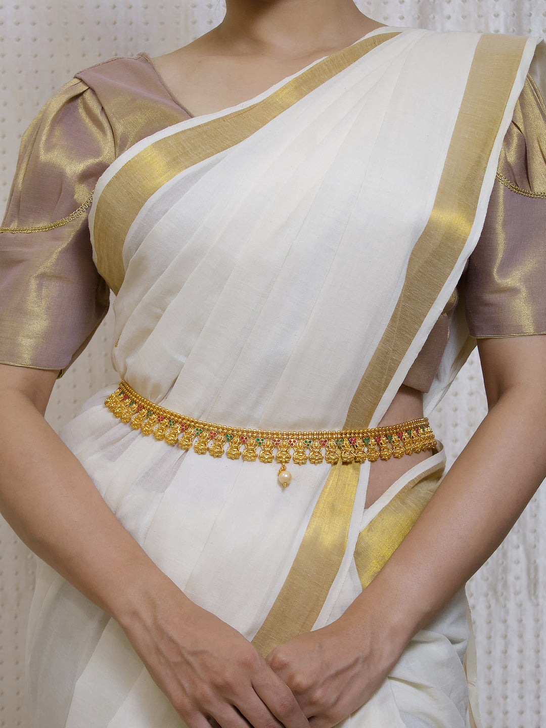 Avismaya High Quality Gold Plated Pink And Green Color Ruby Stones Lakshmi Design With Hanging Pearl Adjustable Traditional Waist Belt