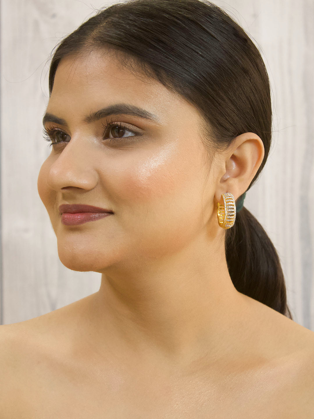 Avismaya Gold Plated Floral Design American Diamond Stone Hoop Earring