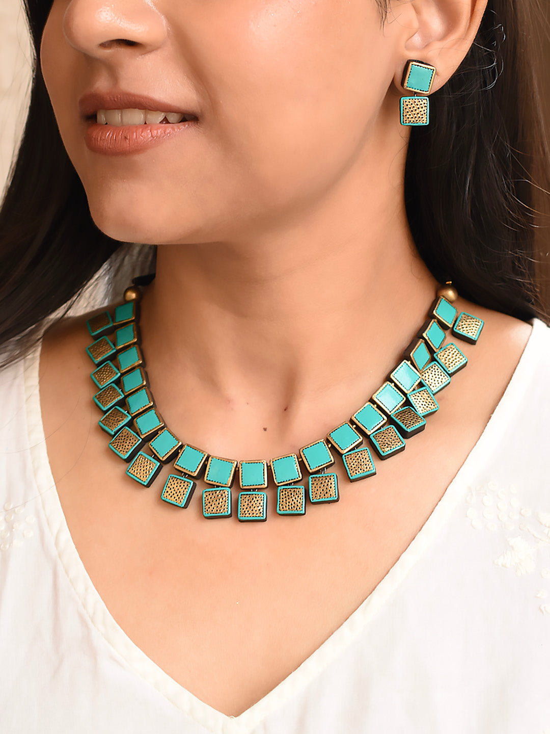 Trendy Geometric Square Box Design Hand Painted Finish Terracotta Jewellery Set in Turquoise Green color