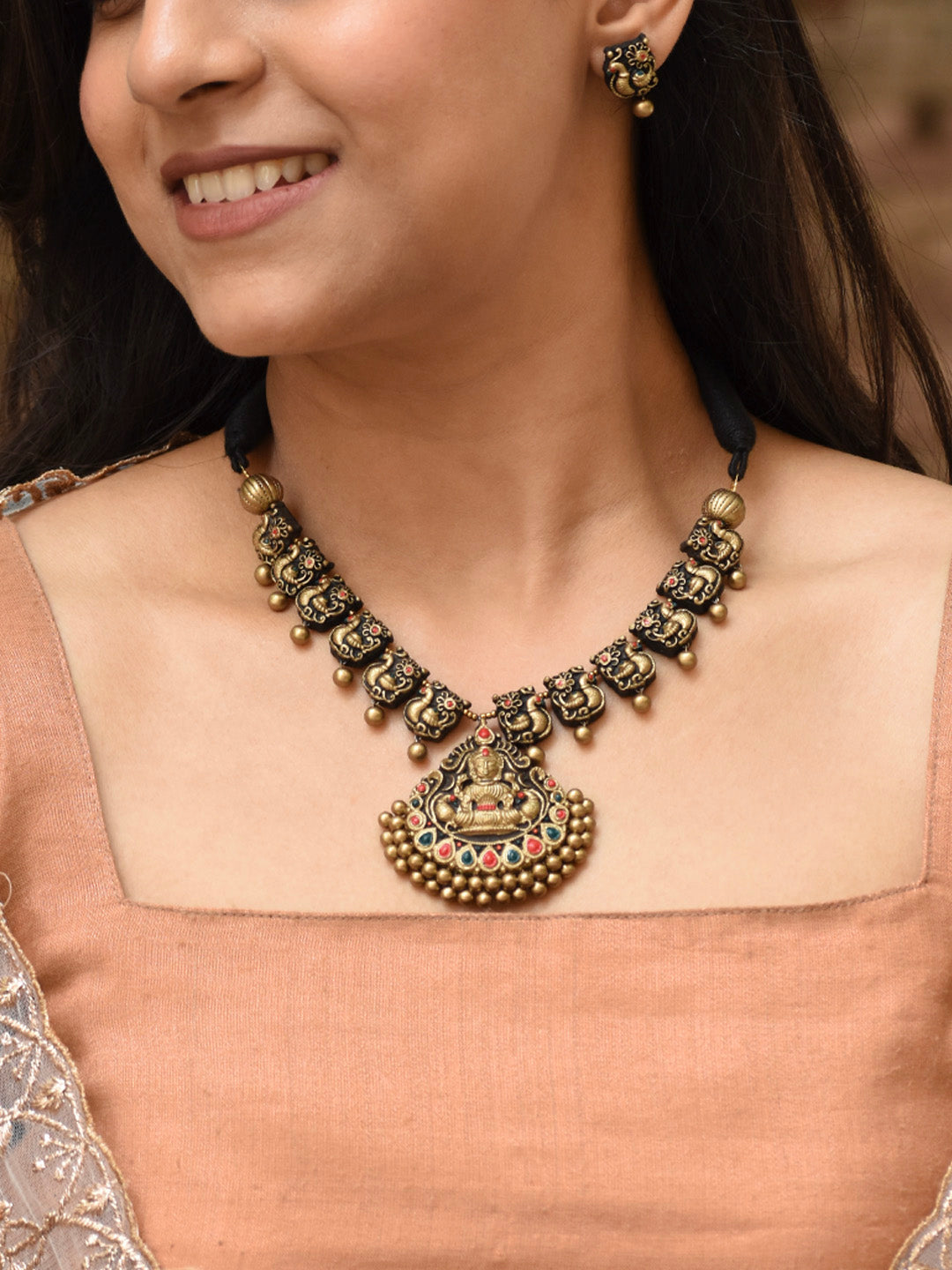 Antique Gold Red Dark Green Lakshmi Pear Shape Pendant Peacock Design Temple Handmade Terracotta Necklace Set