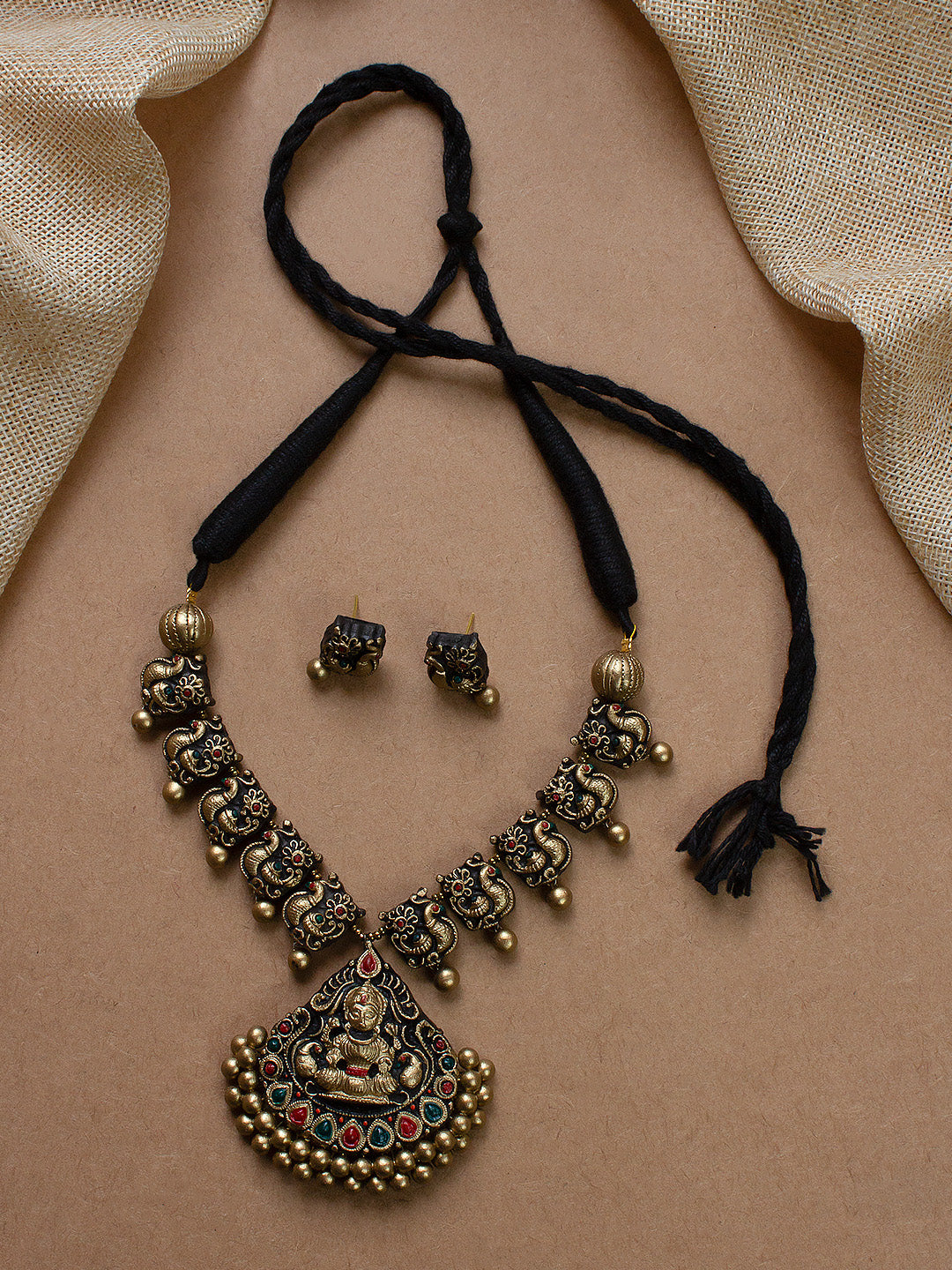 Antique Gold Red Dark Green Lakshmi Pear Shape Pendant Peacock Design Temple Handmade Terracotta Necklace Set