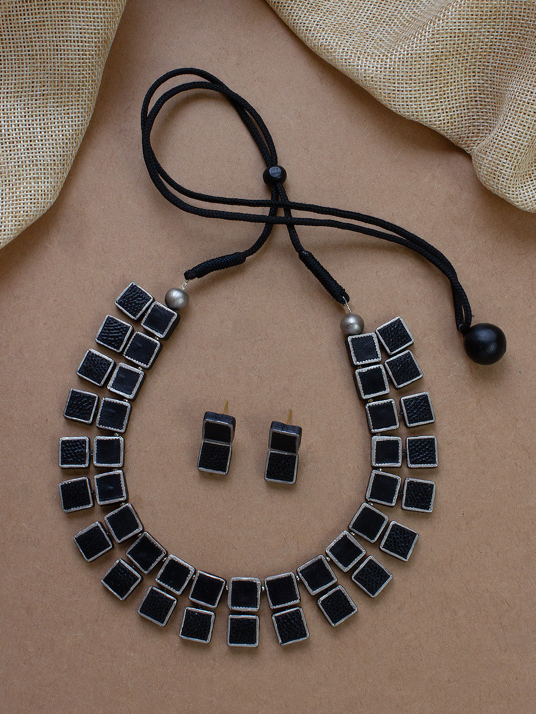 Black and Silver Geometric Square Box Design Handmade Terracotta Necklace Set