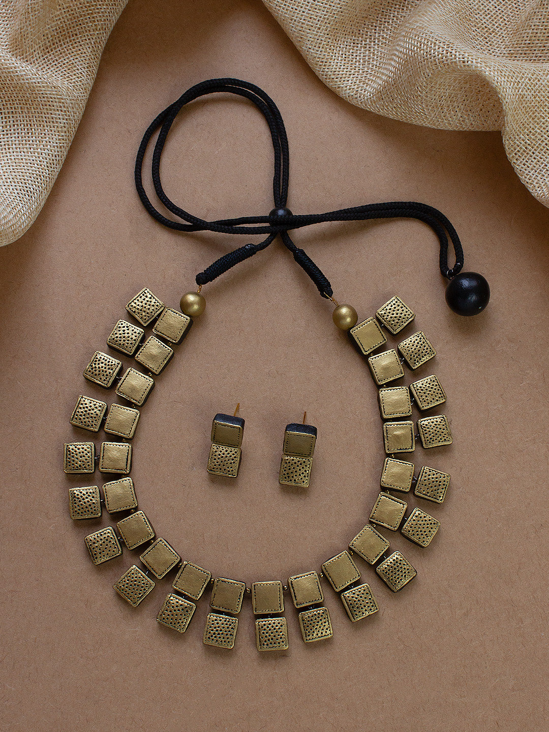 Antique Gold Geometric Square Box Design Handmade Terracotta Necklace Set