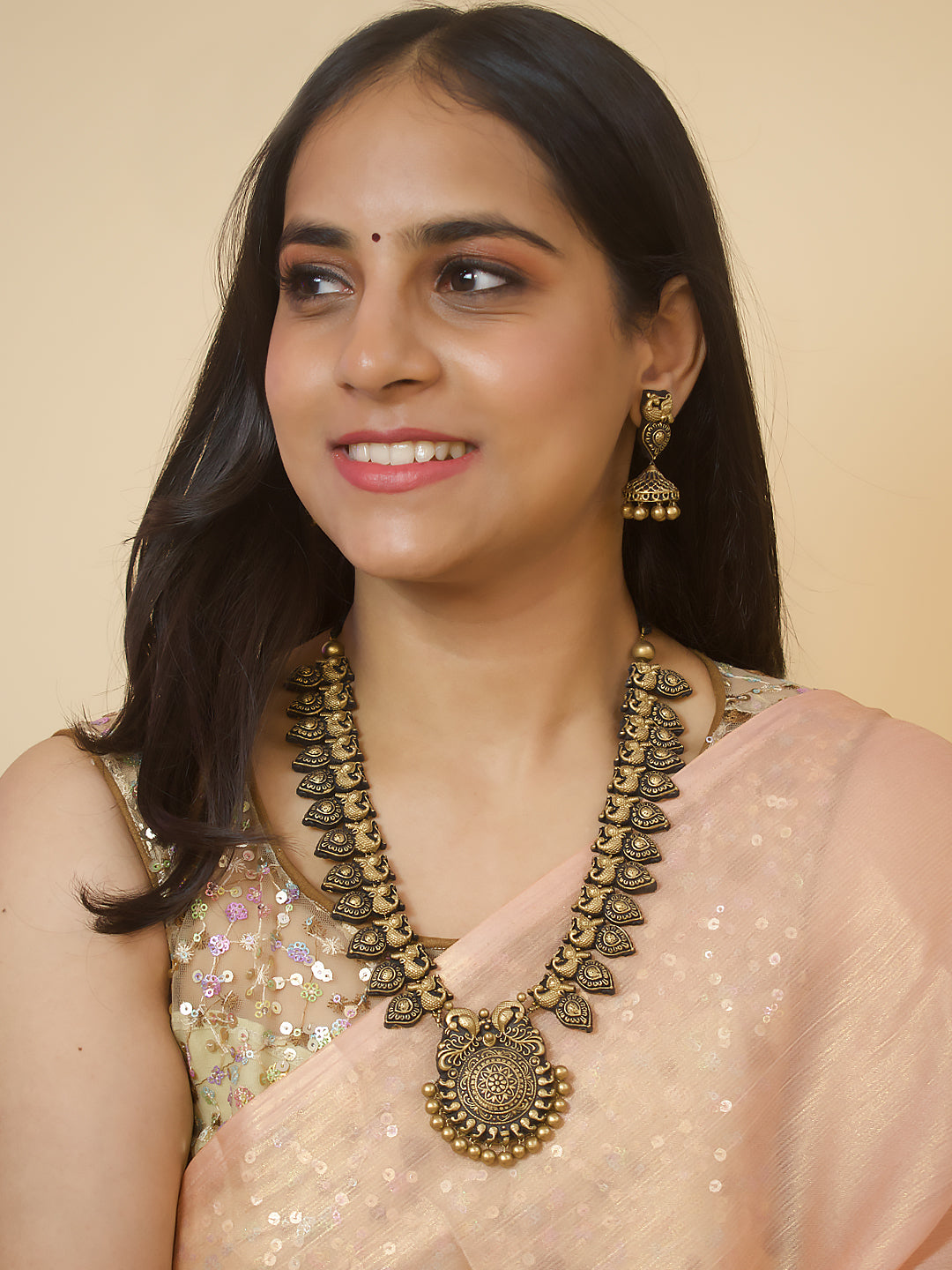 Peacock Mango Design Antique Gold Temple Haram Style Handmade Terracotta Necklace Set