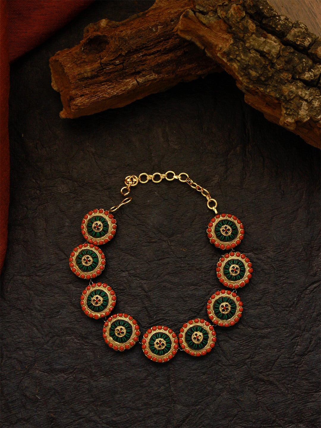 Red, Green and Gold Handmade Terracotta Bracelet