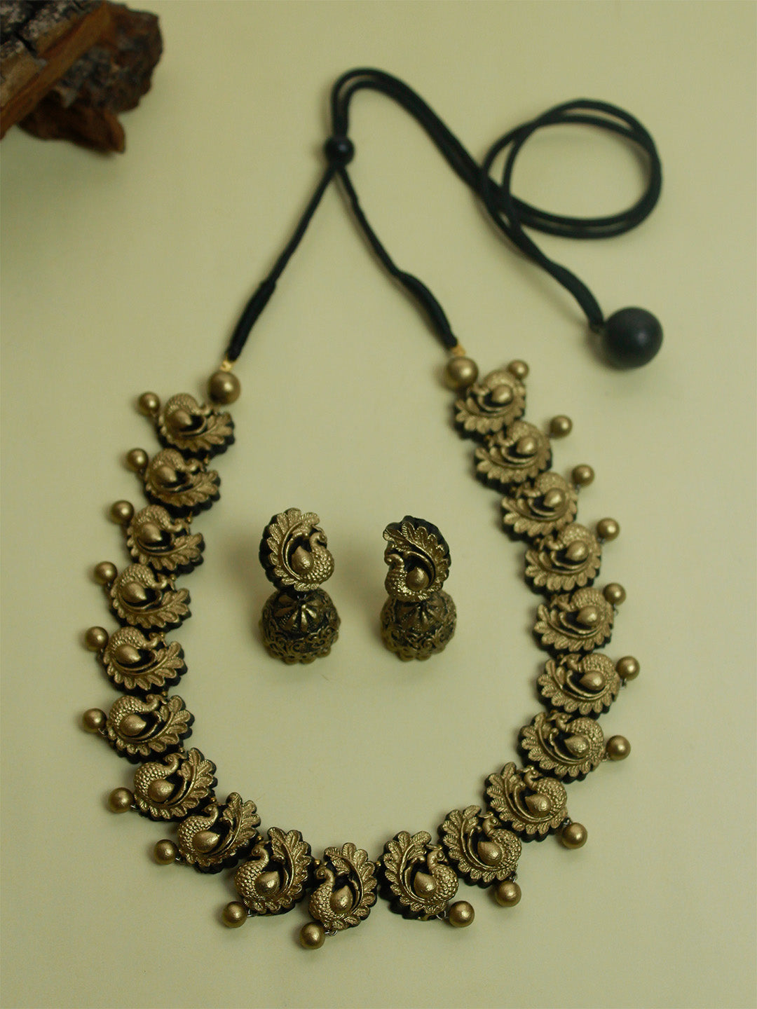 Antique Gold Peacock Design Handmade Terracotta Necklace Set