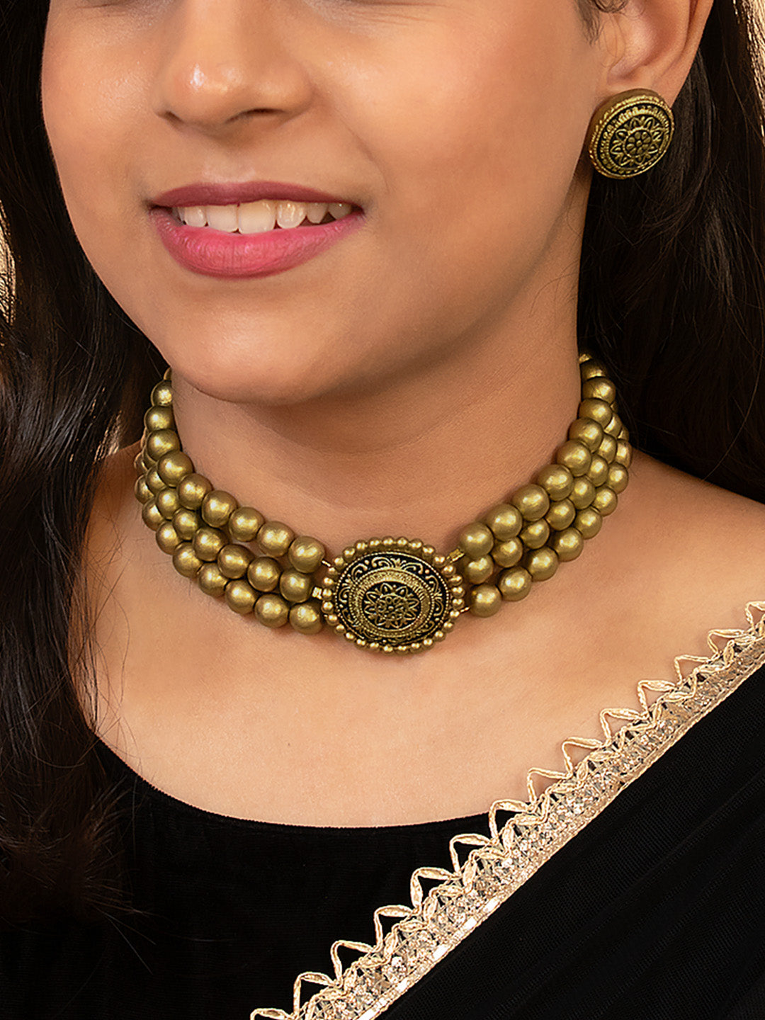 Antique Gold Victorian Choker 3 layered Handmade Terracotta Necklace Set