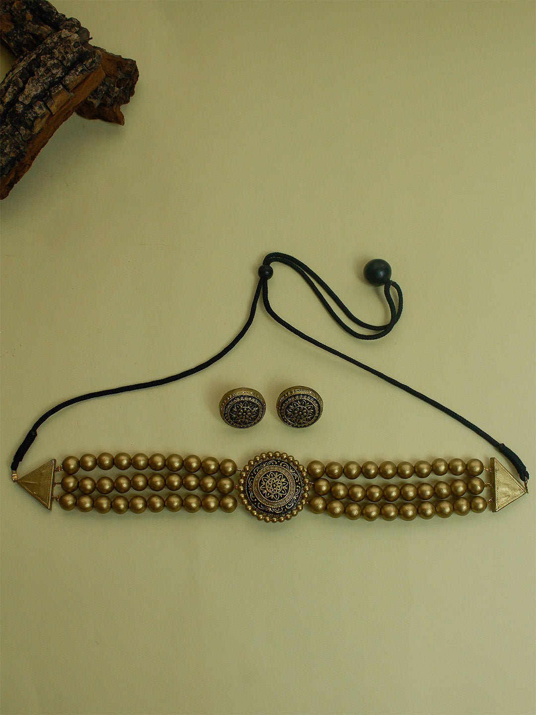 Antique Gold Victorian Choker 3 layered Handmade Terracotta Necklace Set