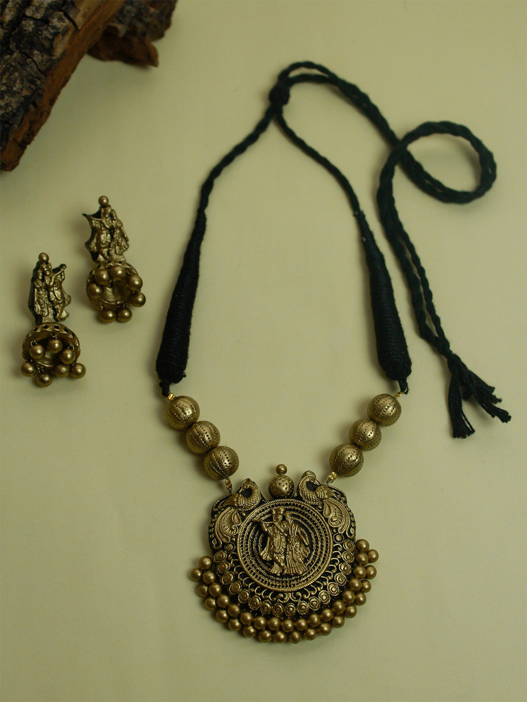 Antique Gold Radha Krishna Design Temple Handmade Terracotta Necklace Set