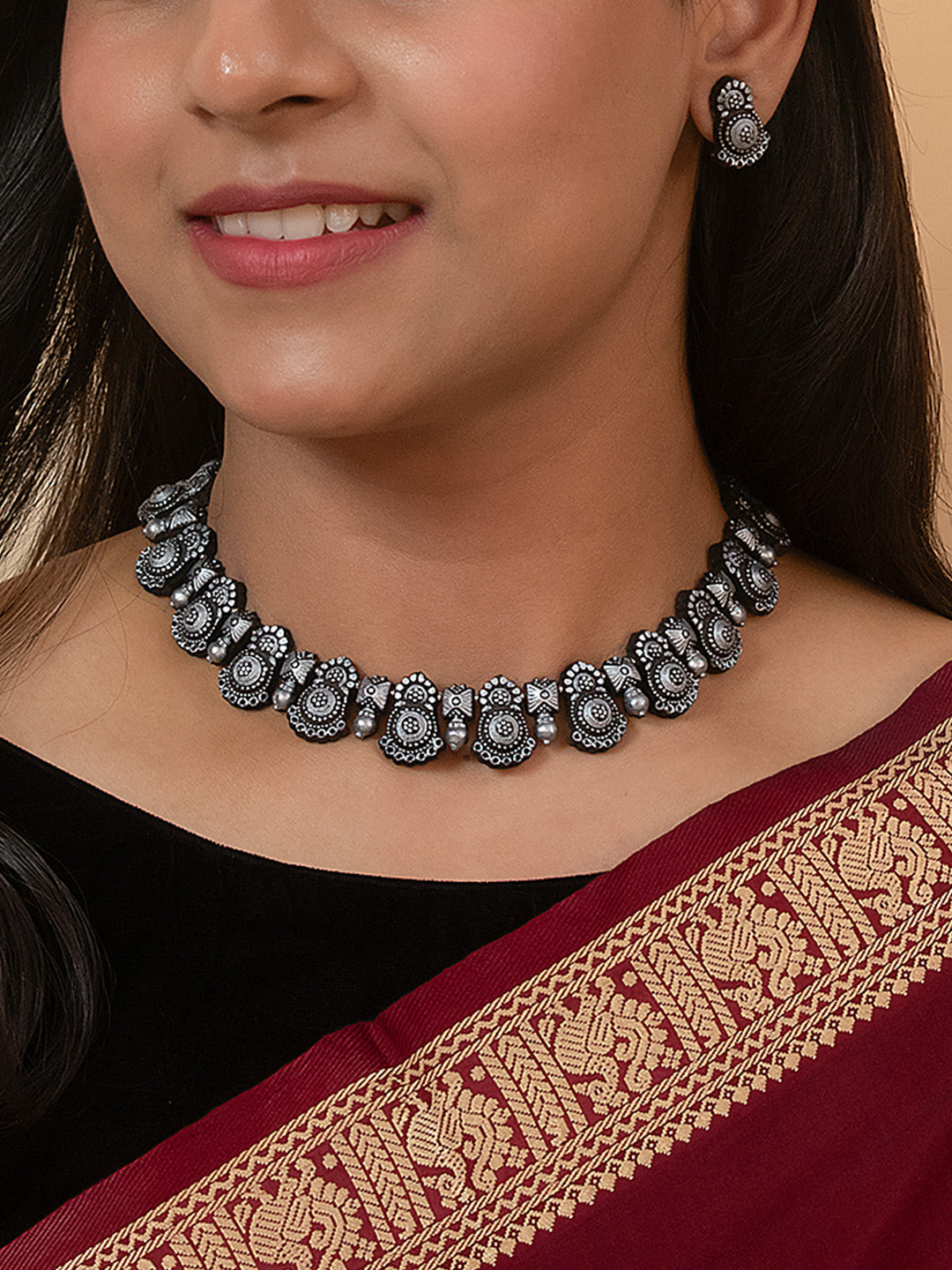 Contemporary Fusion Mandala Art Work Design Antique Silver Handmade Terracotta Necklace Set