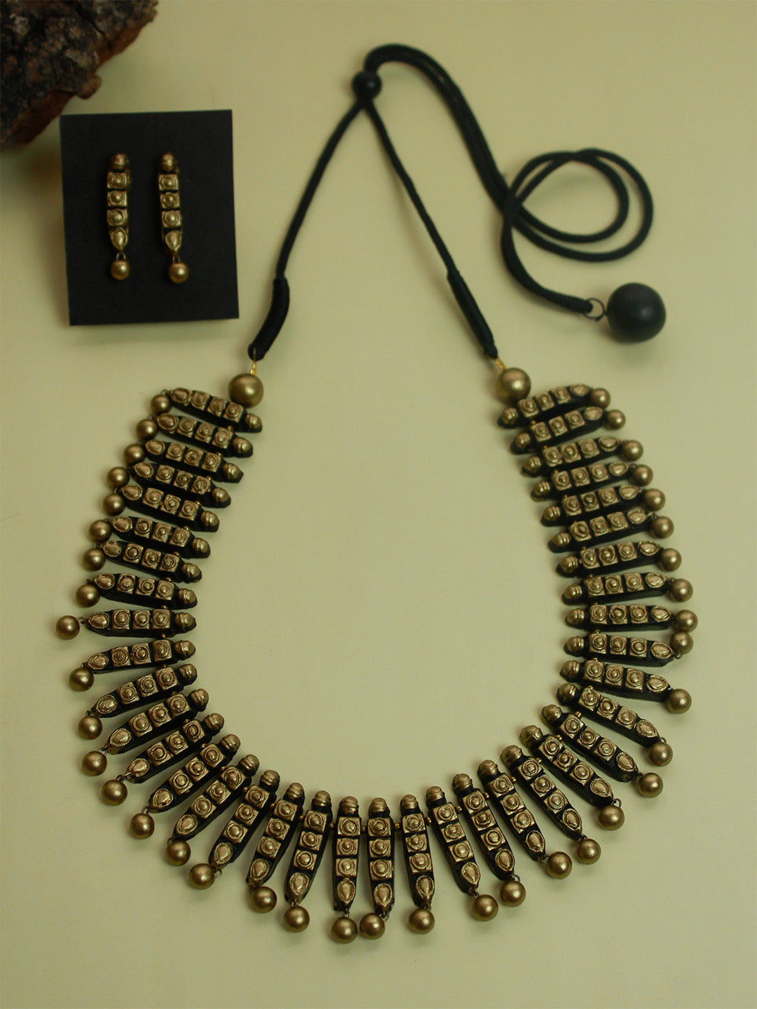 Antique Gold Contemporary Boho Fusion Broad Fringe Handmade Terracotta Necklace Set