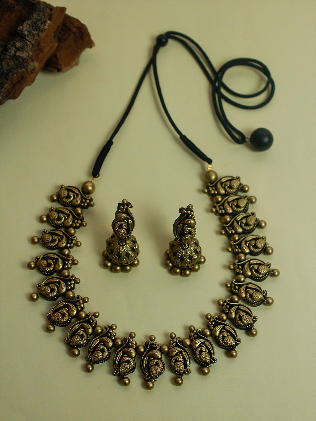 Antique Gold Peacock Design Handmade Terracotta Necklace Set