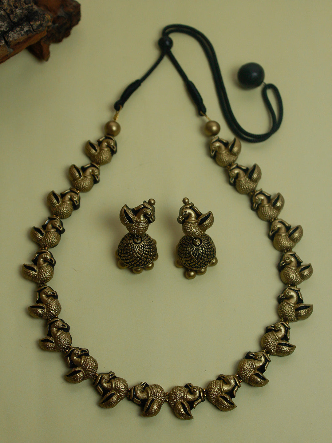 Antique Gold Peacock Design Handmade Terracotta Necklace Set