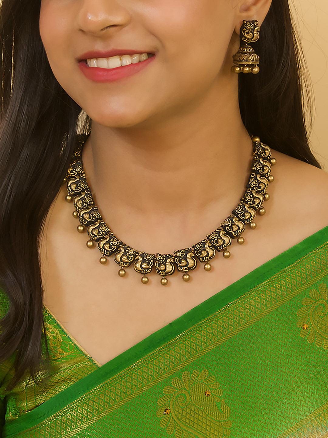 Antique Gold Peacock Design Handmade Terracotta Necklace Set