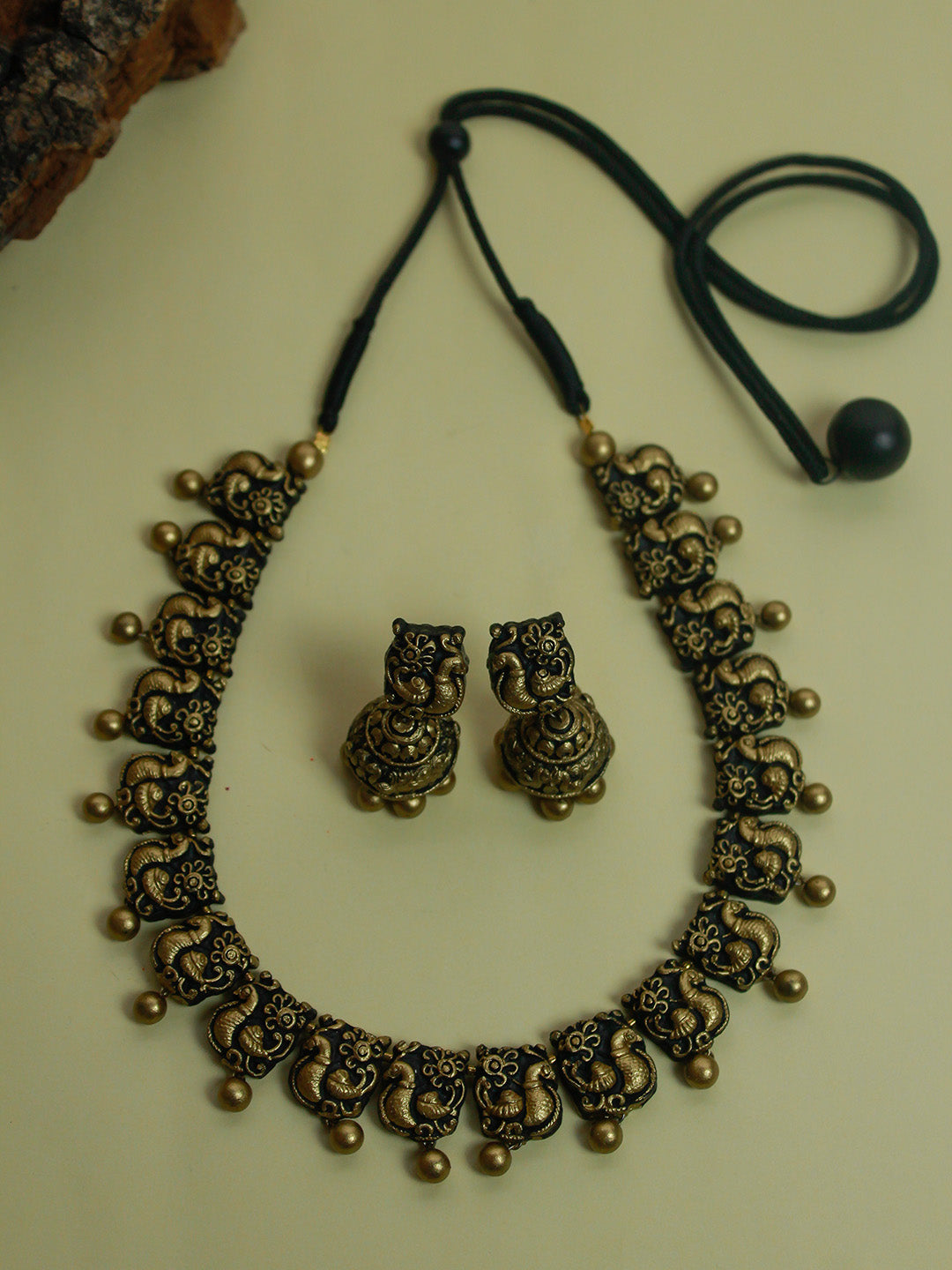 Antique Gold Peacock Design Handmade Terracotta Necklace Set