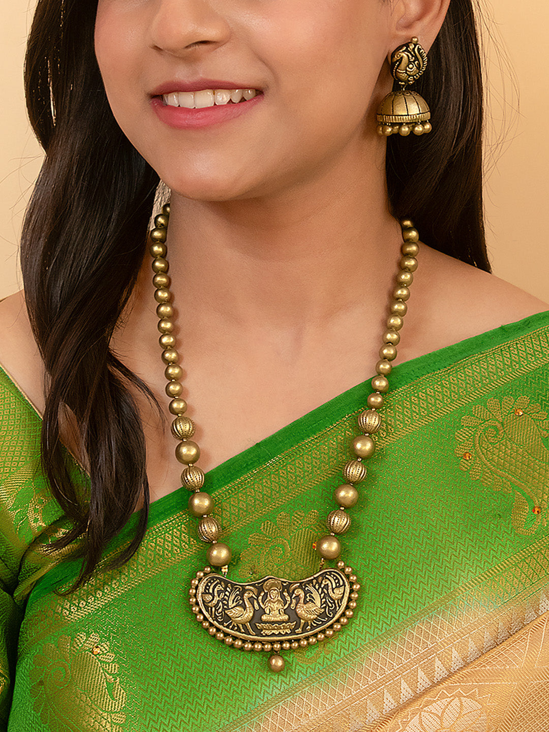 Antique Gold Lakshmi Design Pendant Mala Handmade Terracotta Necklace Set