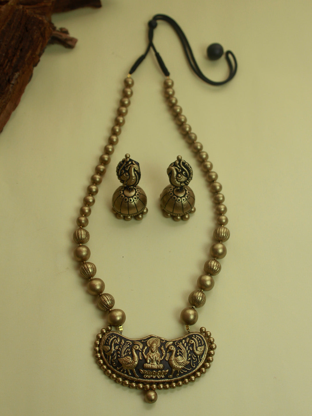 Antique Gold Lakshmi Design Pendant Mala Handmade Terracotta Necklace Set