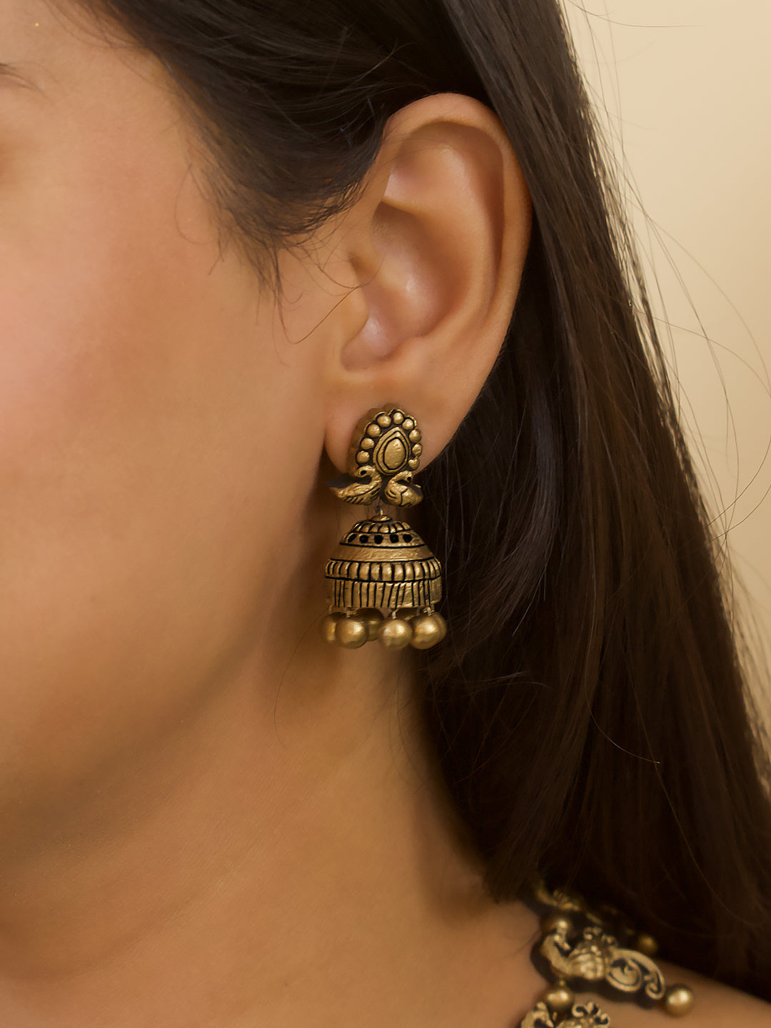 Antique Gold Peacock Design Fringe Pattern Handmade Terracotta Necklace Set