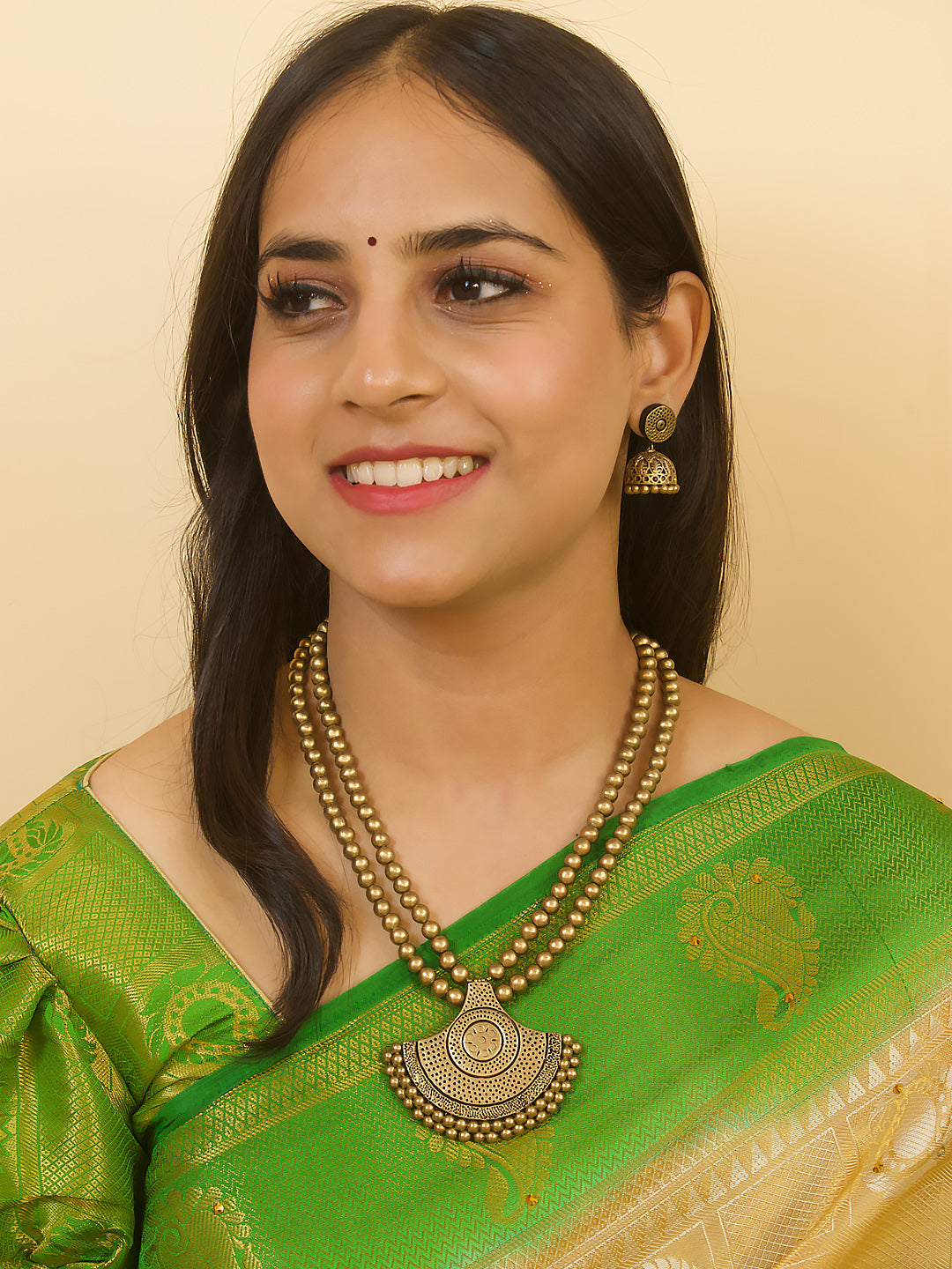 Half Moon Engraved Pendant Two Layered Mala Handmade Terracotta Necklace Set