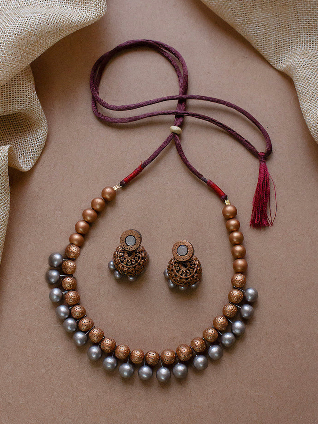 Antique Silver Rose Gold Dual Tone Handmade Terracotta Necklace Set