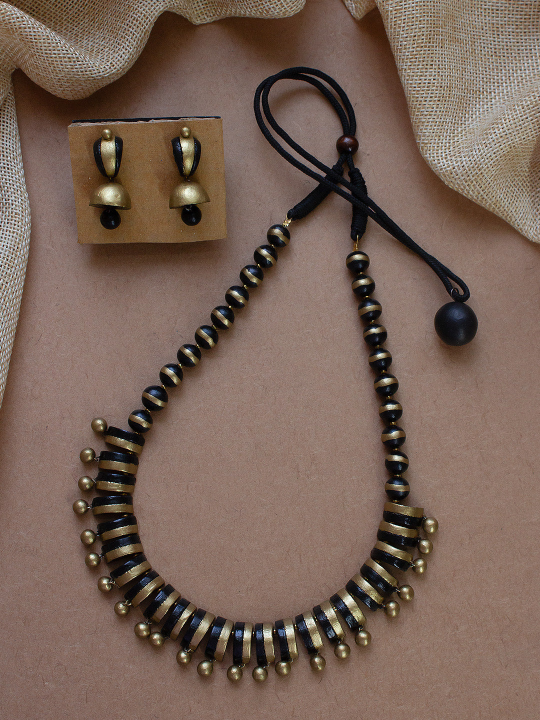 Antique Gold Black Fringe Design Handmade Terracotta Necklace Set