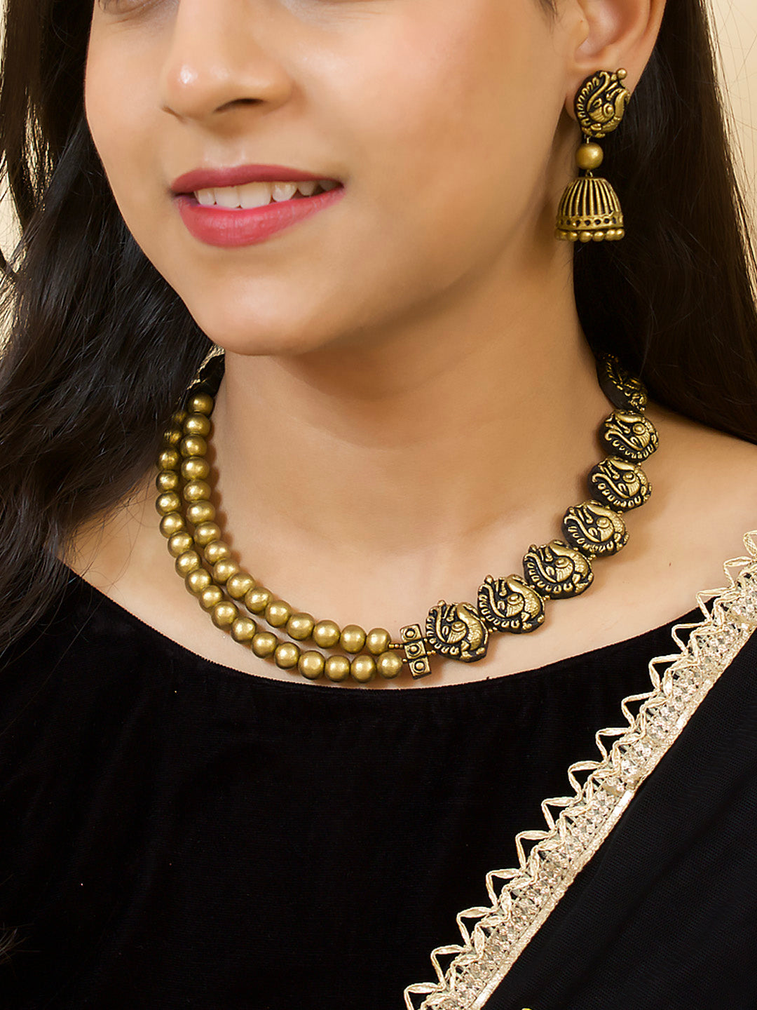 Mayuri - Asymmetric Design Peacock and Two Layered Beads Terracotta Necklace Set